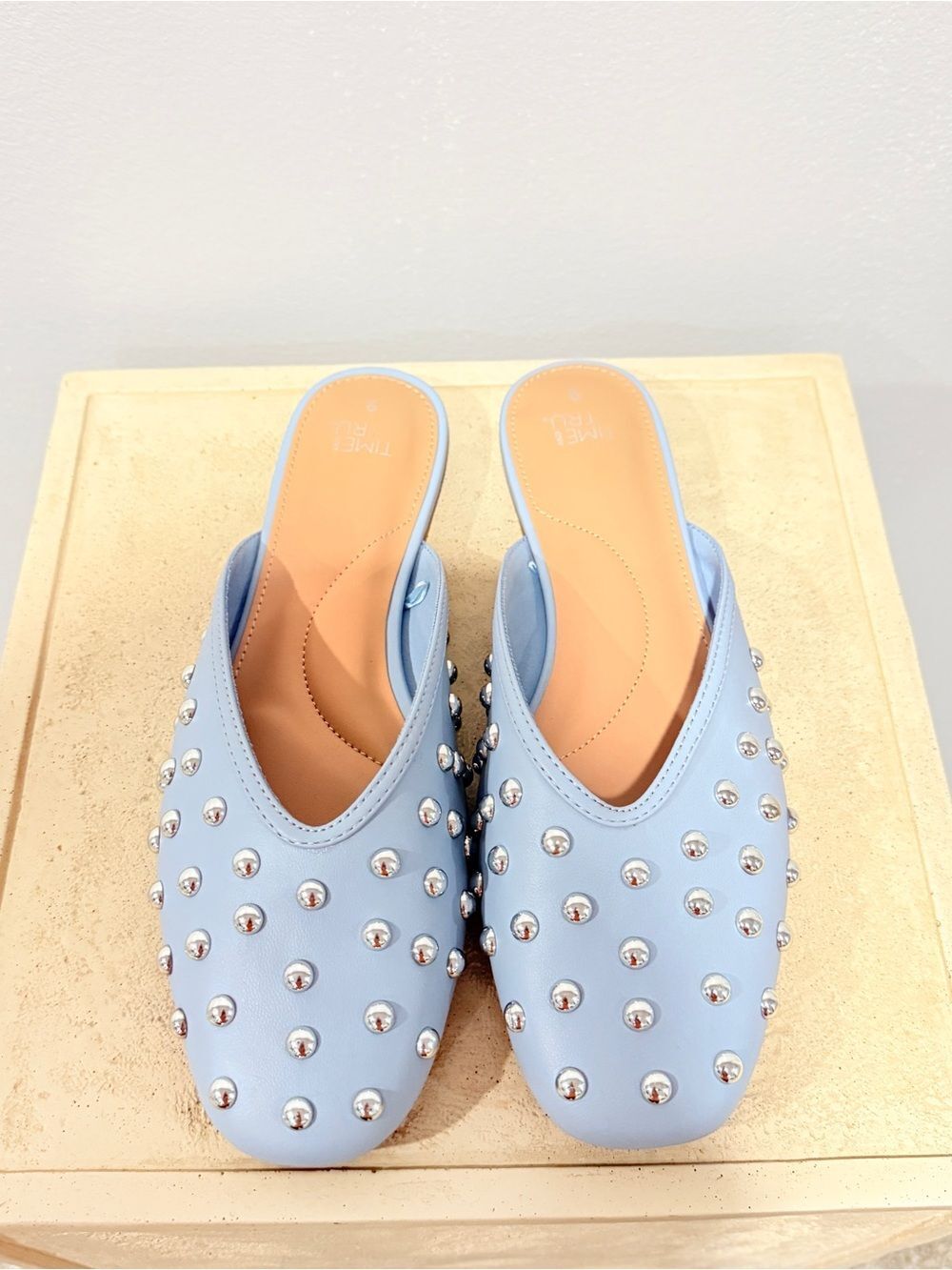 Time and Tru Icy Blue Silver Studded Mules Flats Shoes Size 9